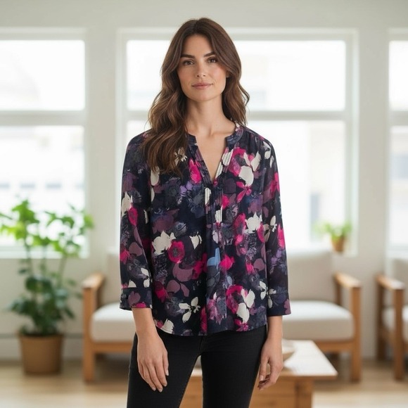 Rebecca Taylor Tops - Rebecca Taylor Size‎ 2 Black Floral 100% Silk Tunic Blouse 3/4 Sleeves High Low